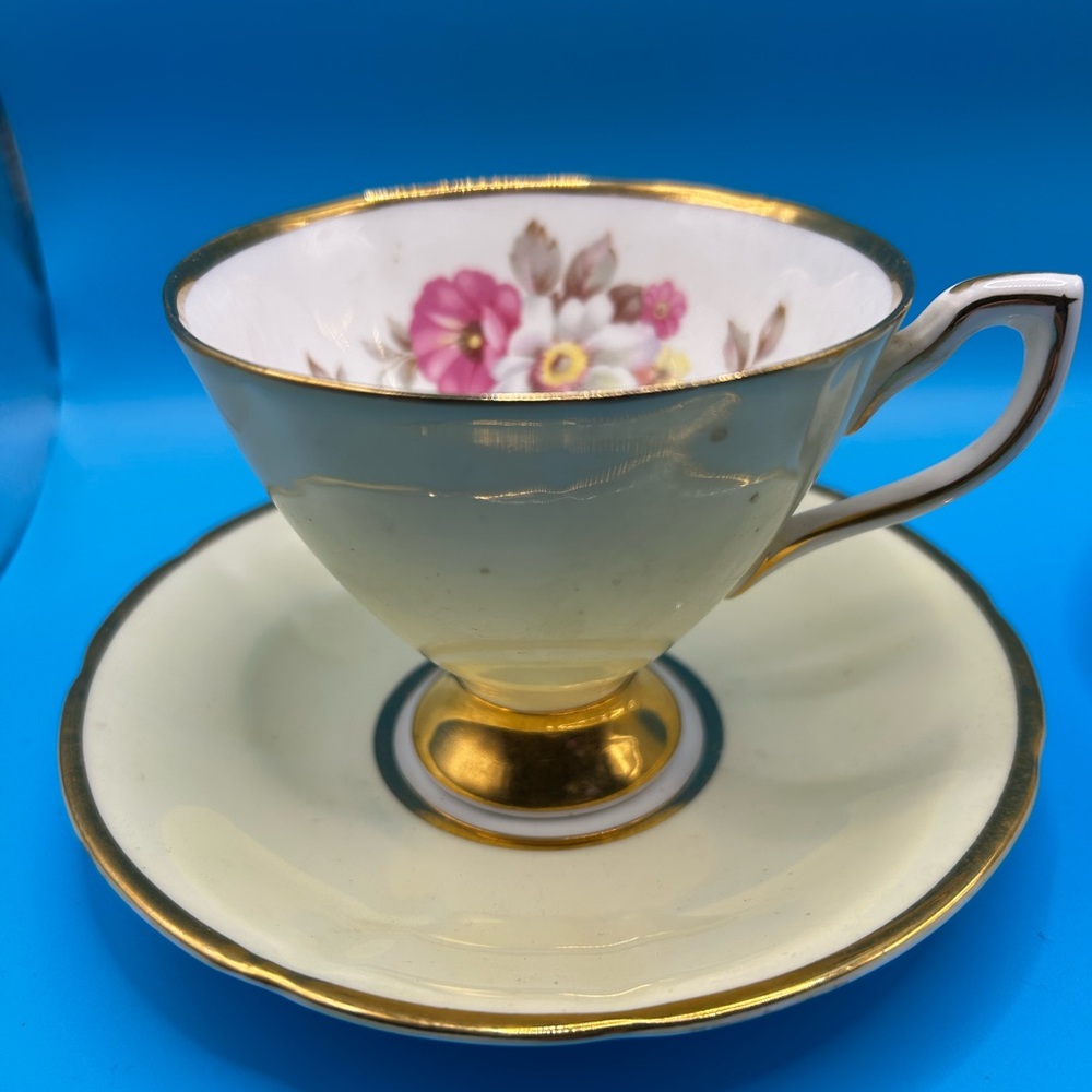 Clare English Fine China Gold and Cream Floral Teacup Set